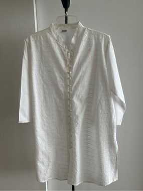 New Unique Fabindia Style Dress Tunic Top 100% Cotton Eyelet Pearl Buttons White